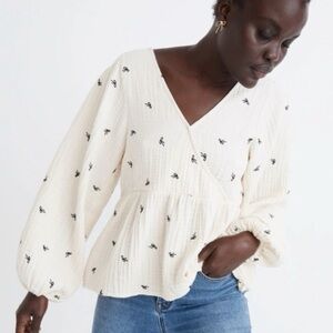 MADEWELL Lightspun Gauze Peplum Faux Wrap Top in Tiny Bows Antique Cream